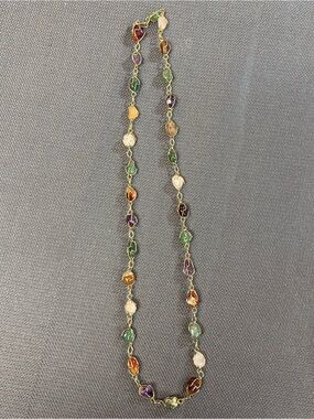 Vintage gold tone wire, caged, multicolored faux gemstone necklace.
